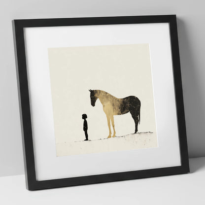 Celestial Bond horse & rider art print in black frame