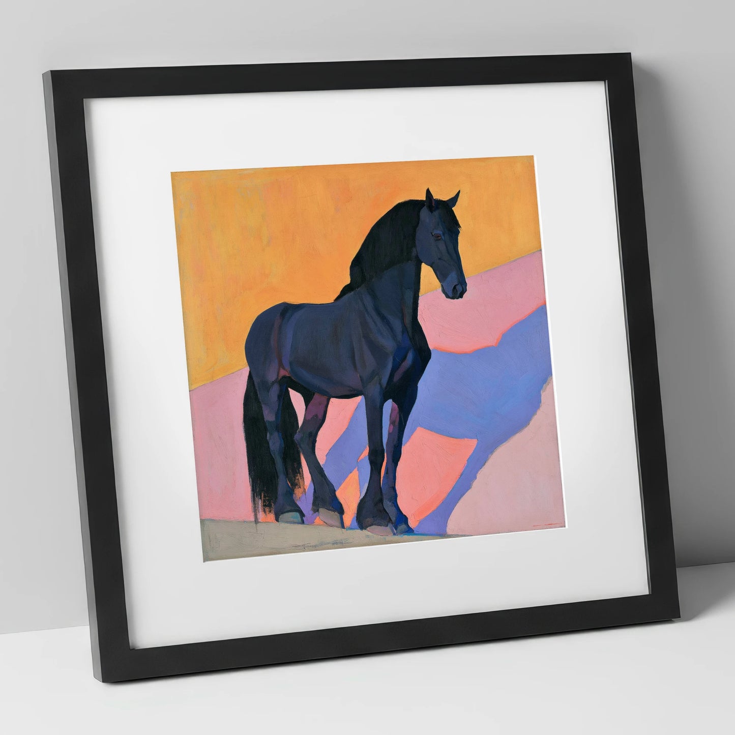 Black Friesian On Vibrant Orange horse breed art print in black frame