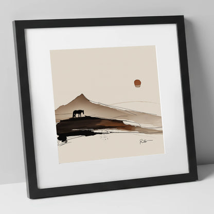 Solitude Beneath the Peak horse landscape art print in black frame