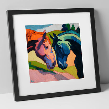 Vibrant Equine Connection horse portrait art print in black frame