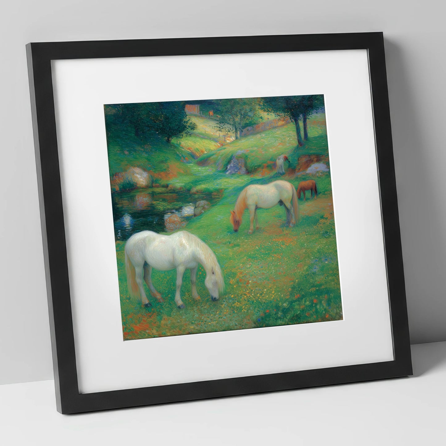Emerald Valley Pasture horse landscape art print in black frame
