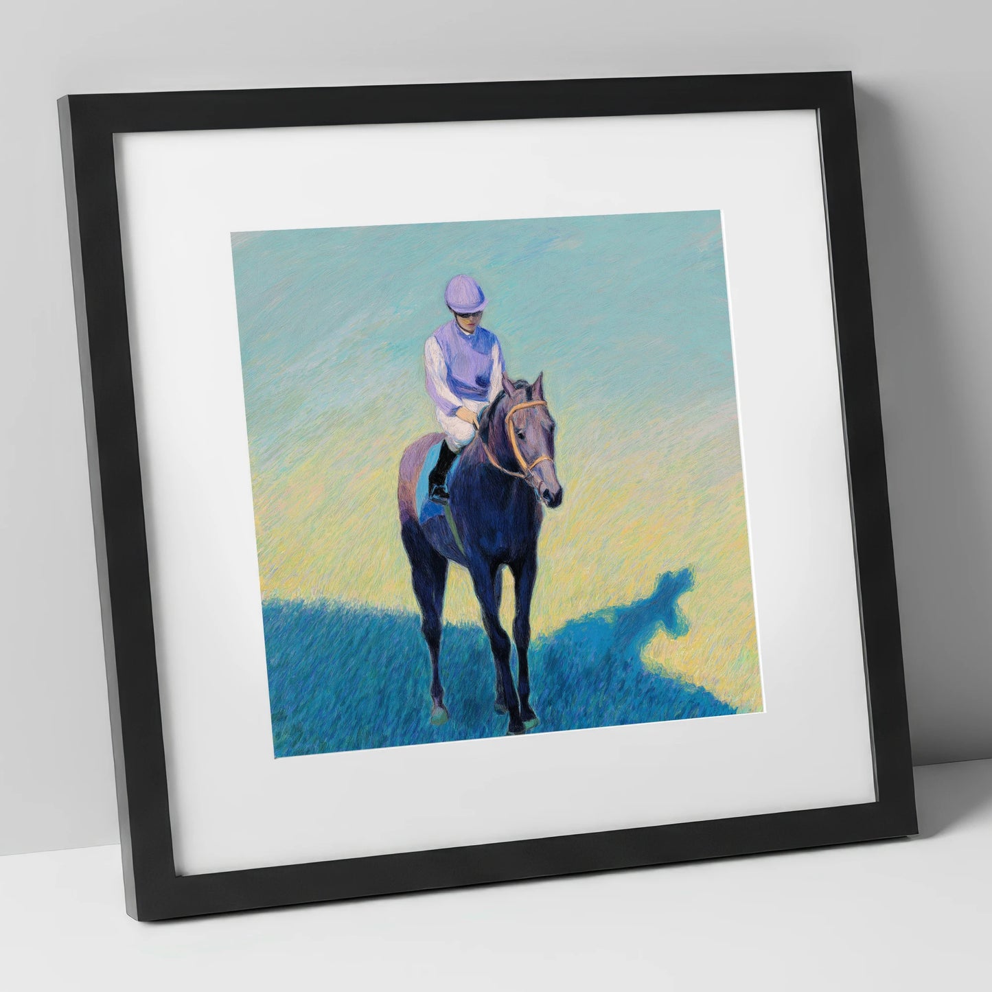 Lavender Silks racing horse art print in black frame