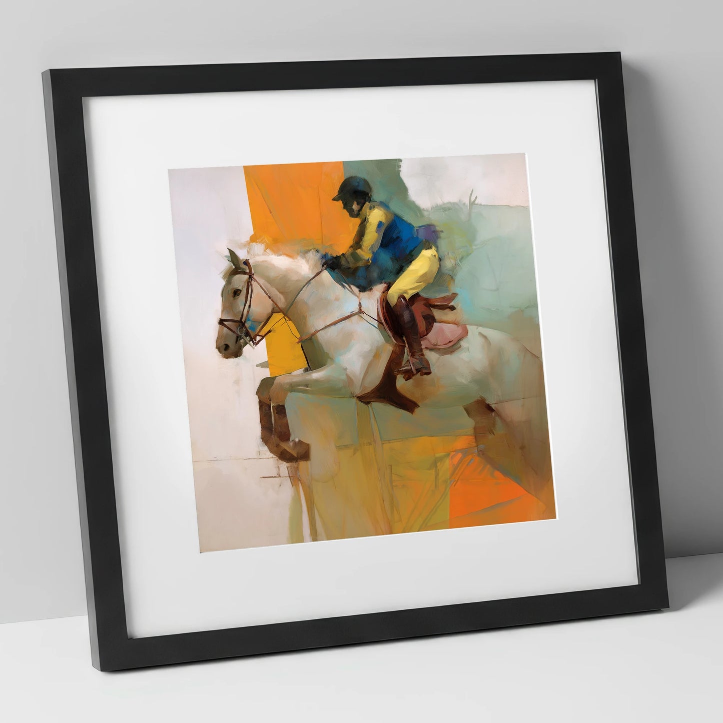 Flight in Vibrant Colour show jumping horse art print in black frame