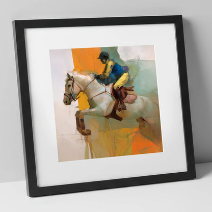 Flight in Vibrant Colour show jumping horse art print in black frame