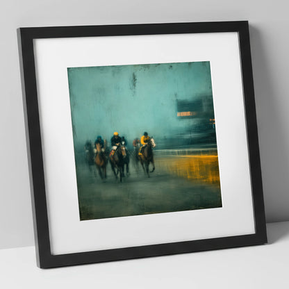 Thundering Through The Mist racing horse art print in black frame