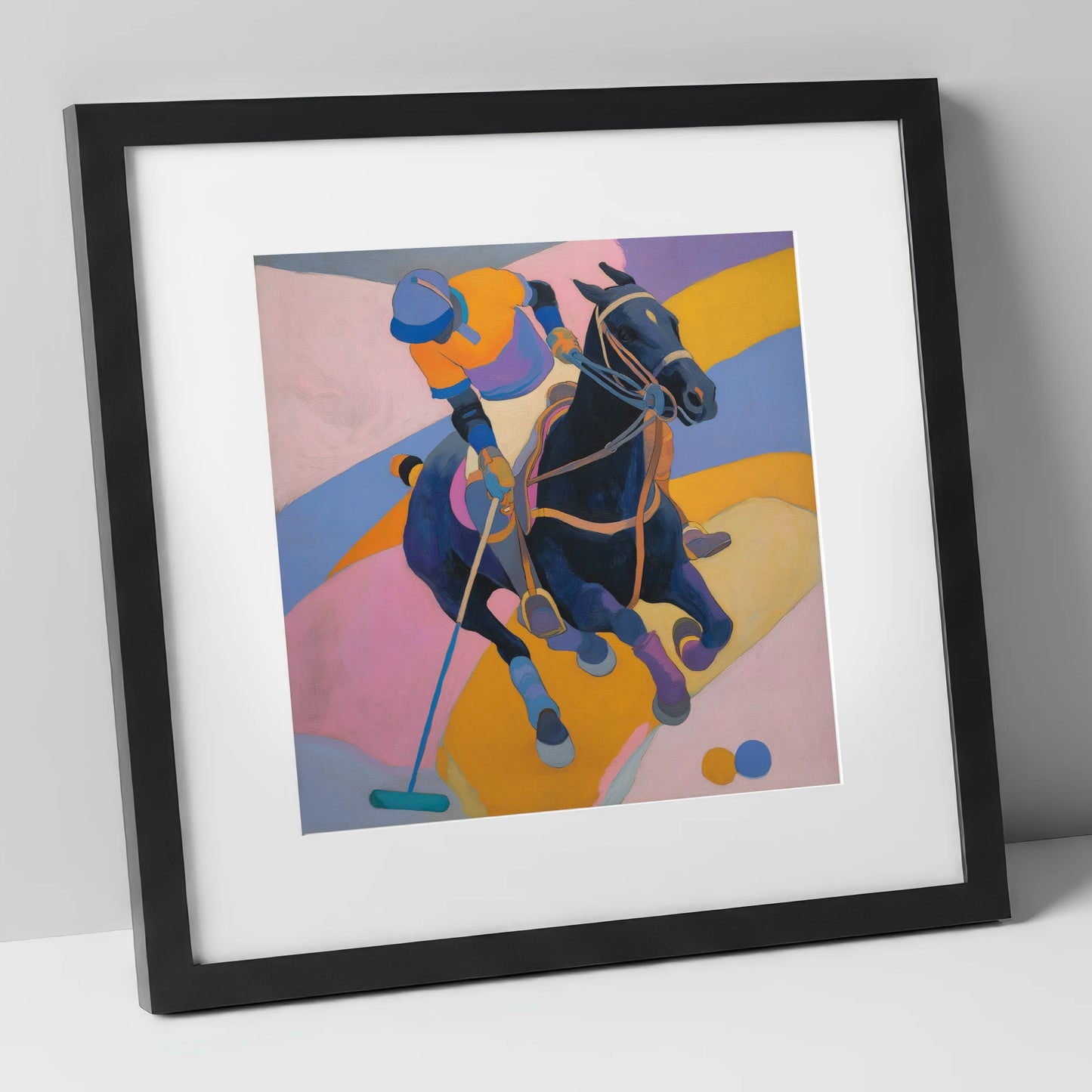 Vivid Polo Strike polo horse art print in black frame