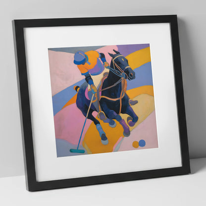 Vivid Polo Strike polo horse art print in black frame