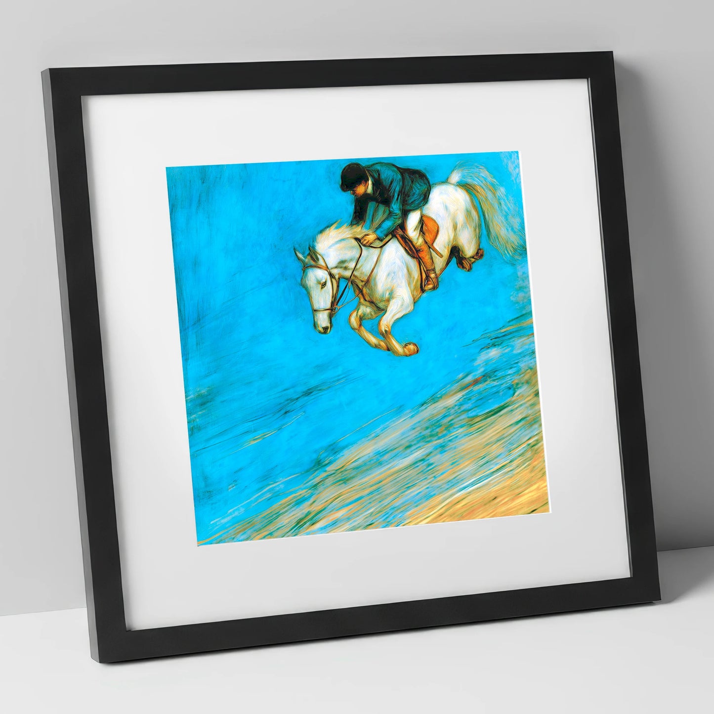 Cerulean Flight show jumping horse art print in black frame