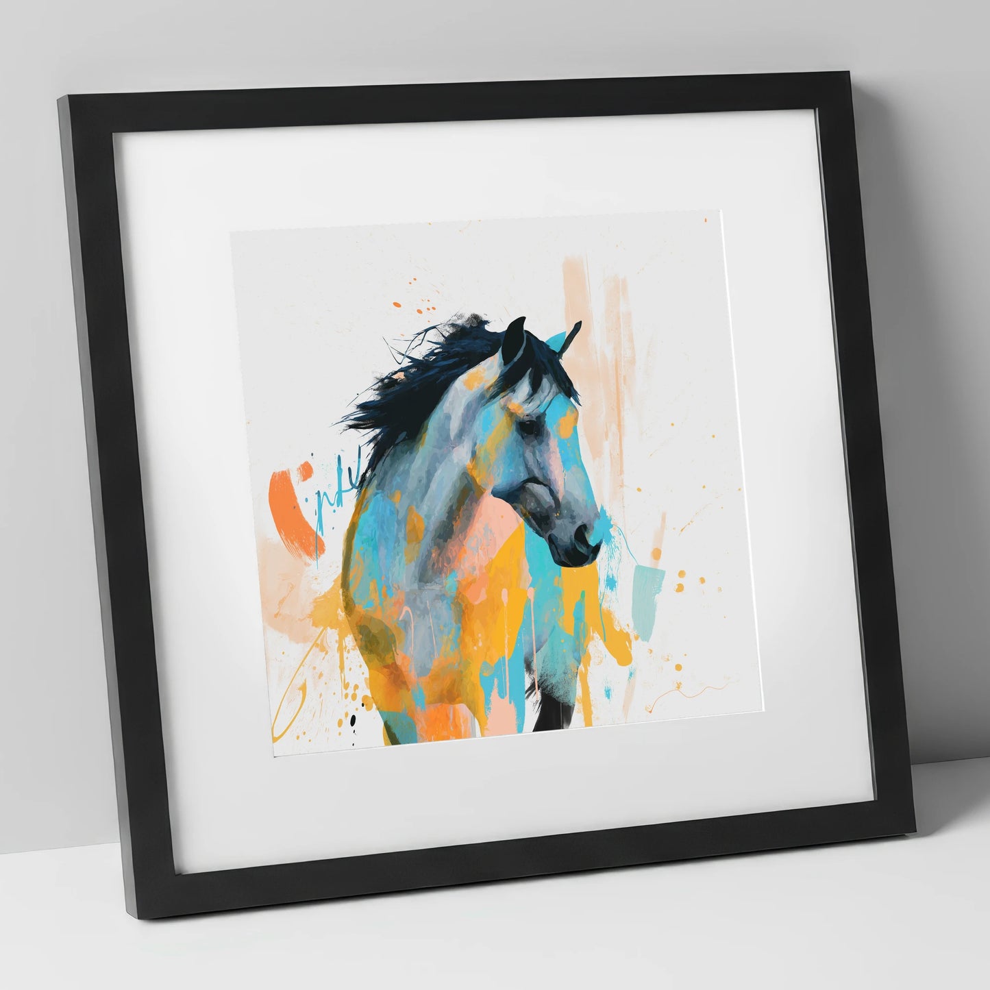 Teal and Amber Splendour horse portrait art print in black frame