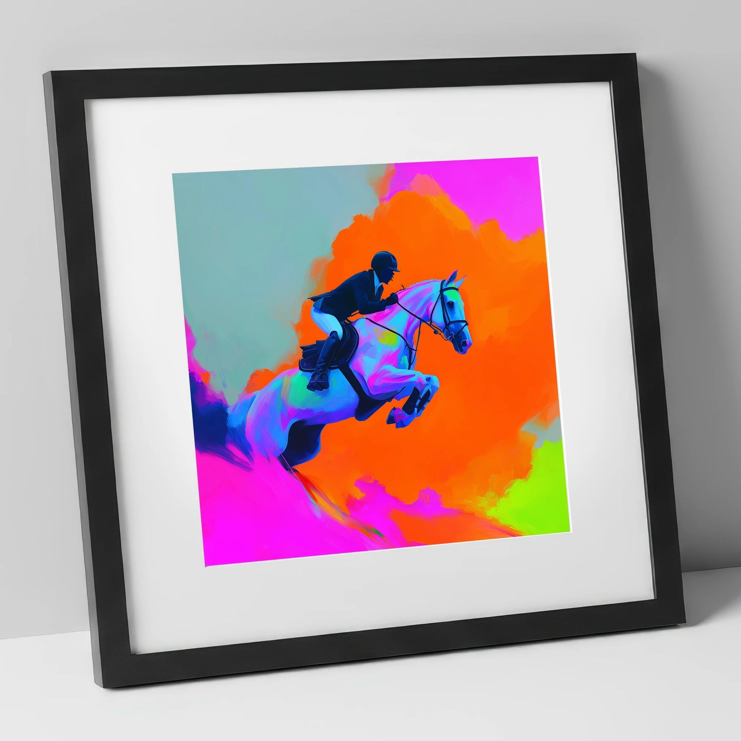 Vivid Showjumping Flight show jumping horse art print in black frame