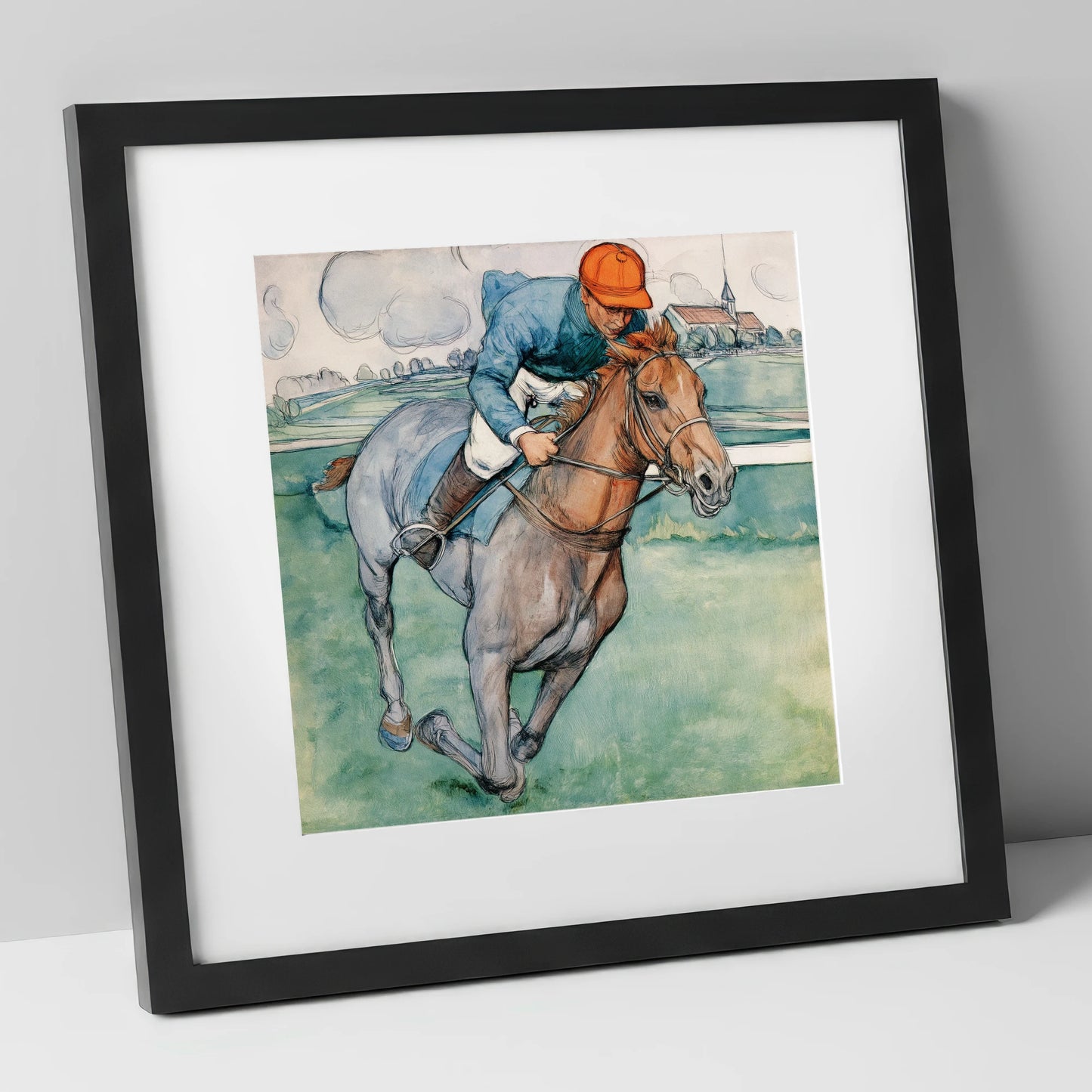 The Final Furlong racing horse art print in black frame