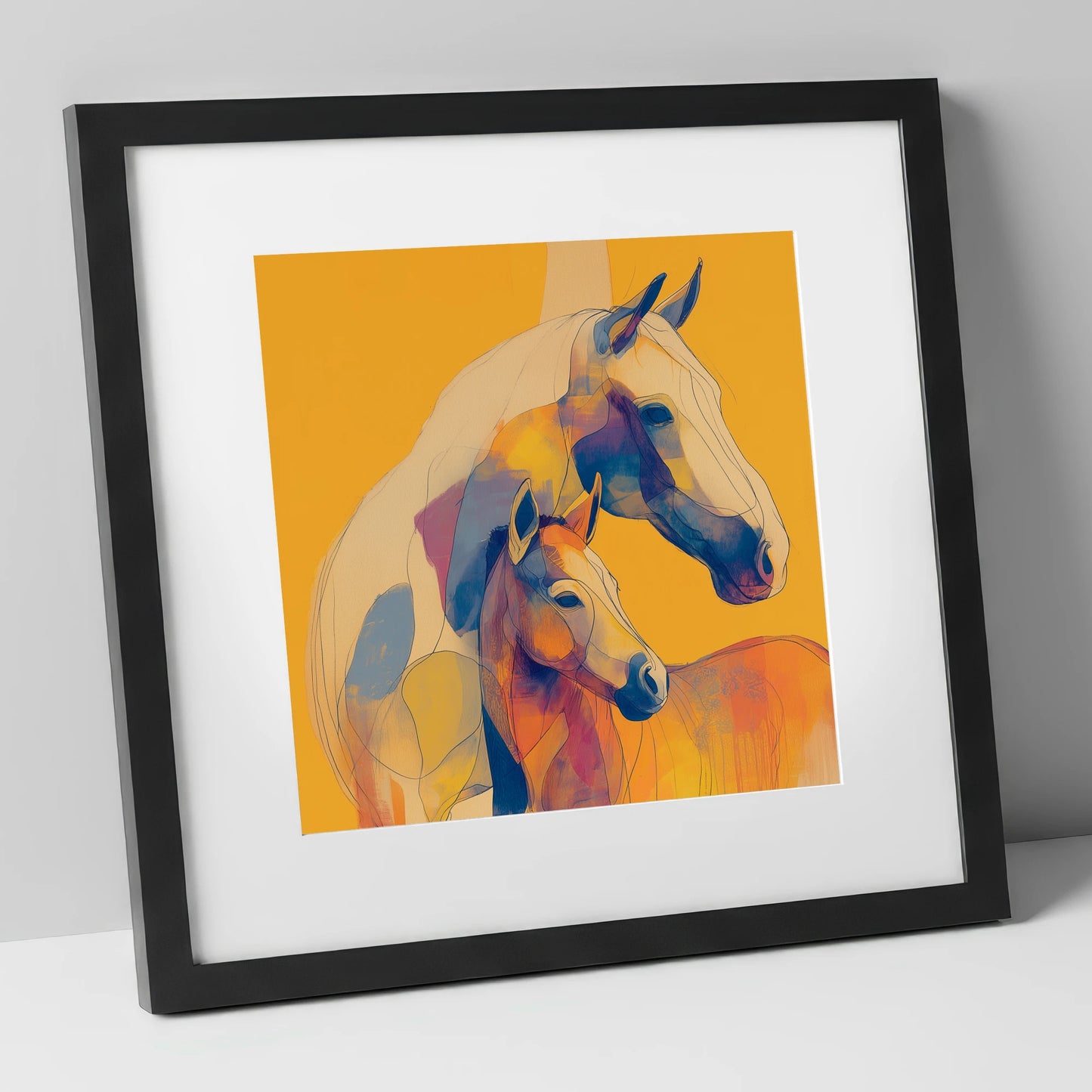 Golden Equine Bond mare & foal art print in black frame