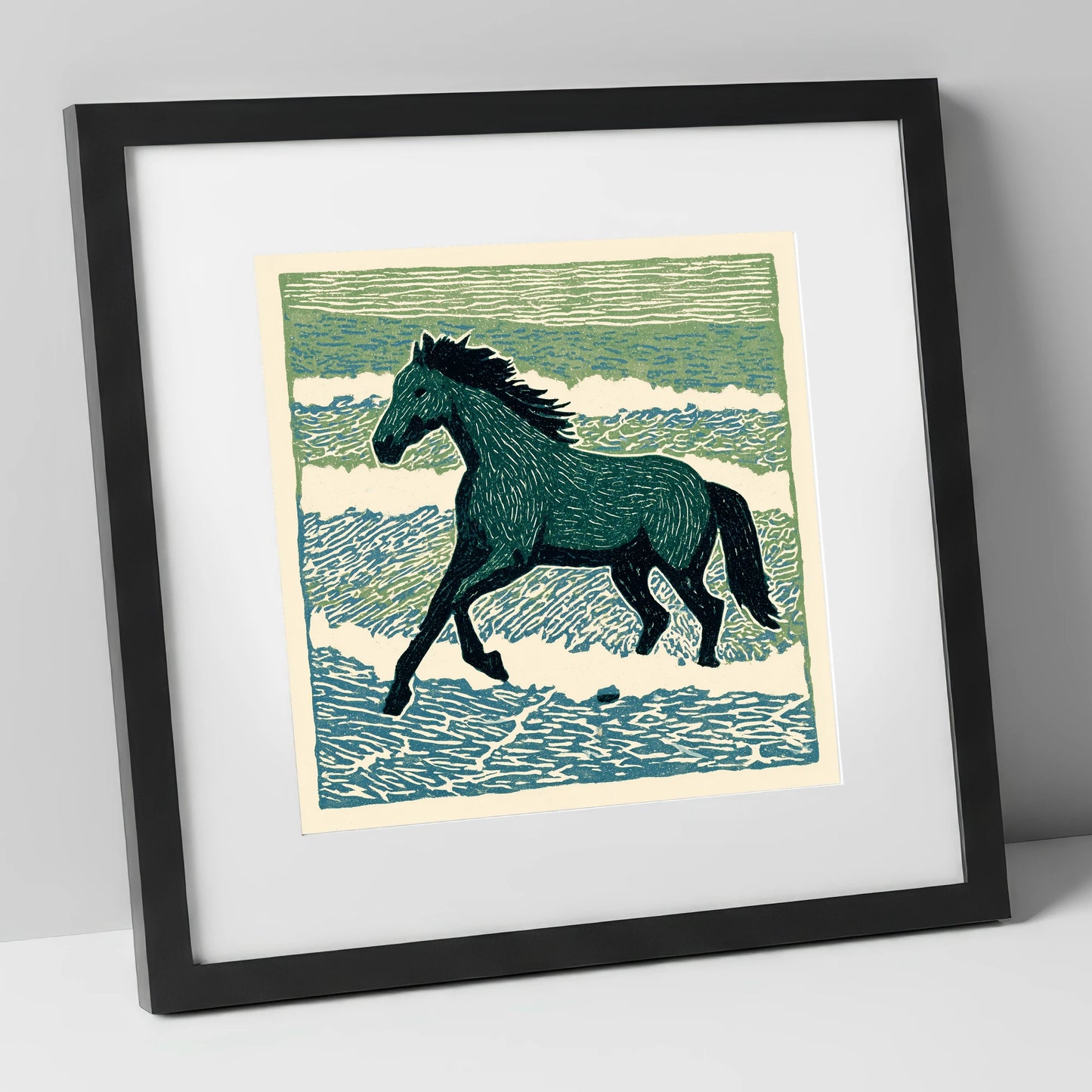 Surf and Stride beach horse art print in black frame