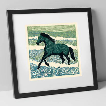 Surf and Stride beach horse art print in black frame