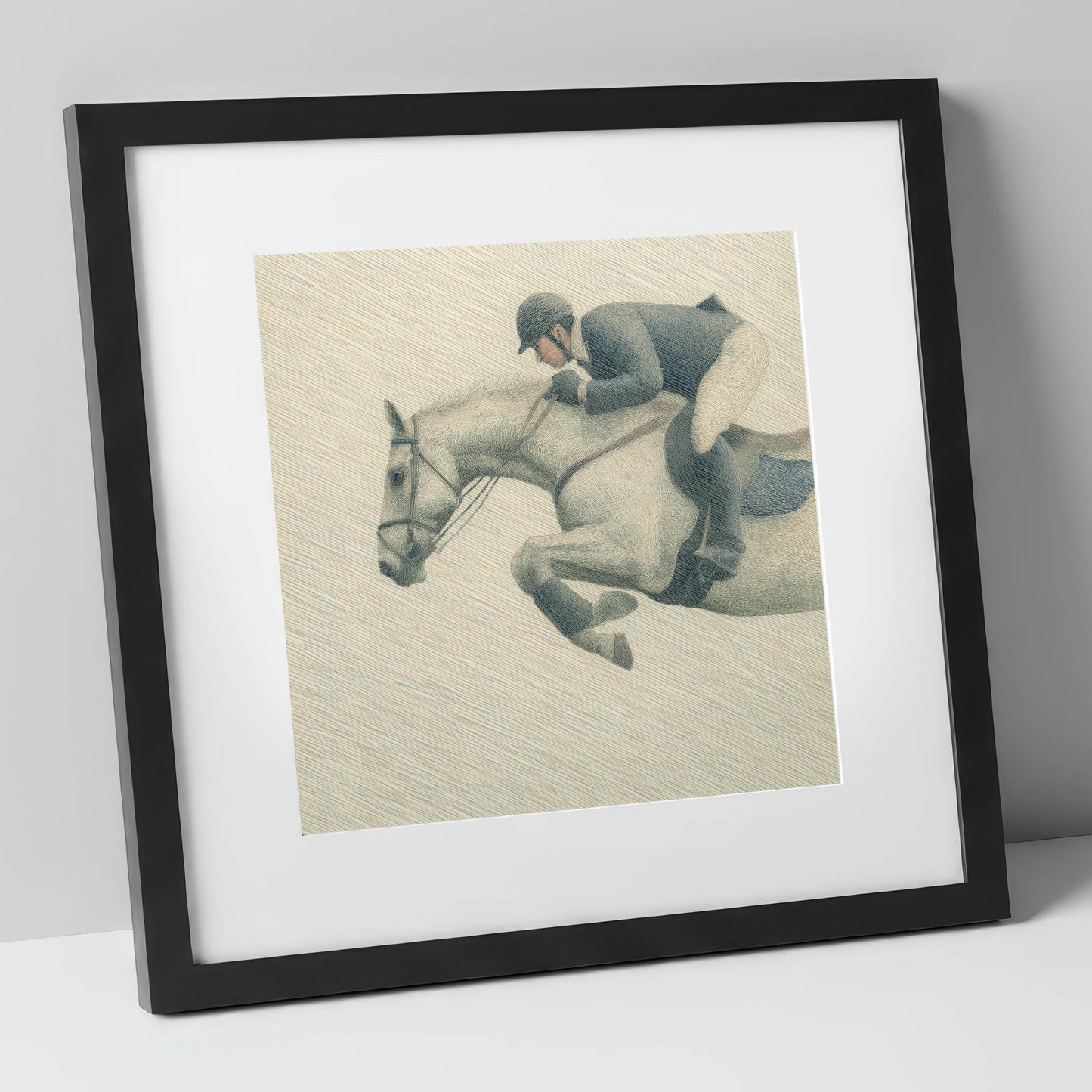 Structured Flight show jumping horse art print in black frame