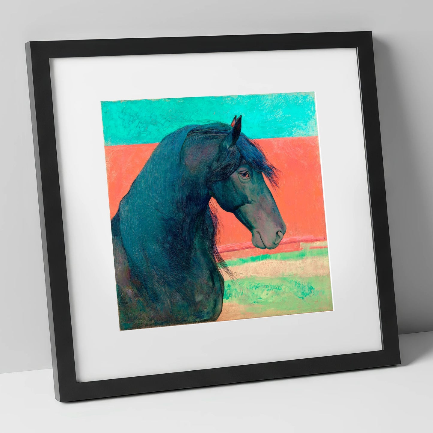 Crimson Horizon Friesian horse breed art print in black frame