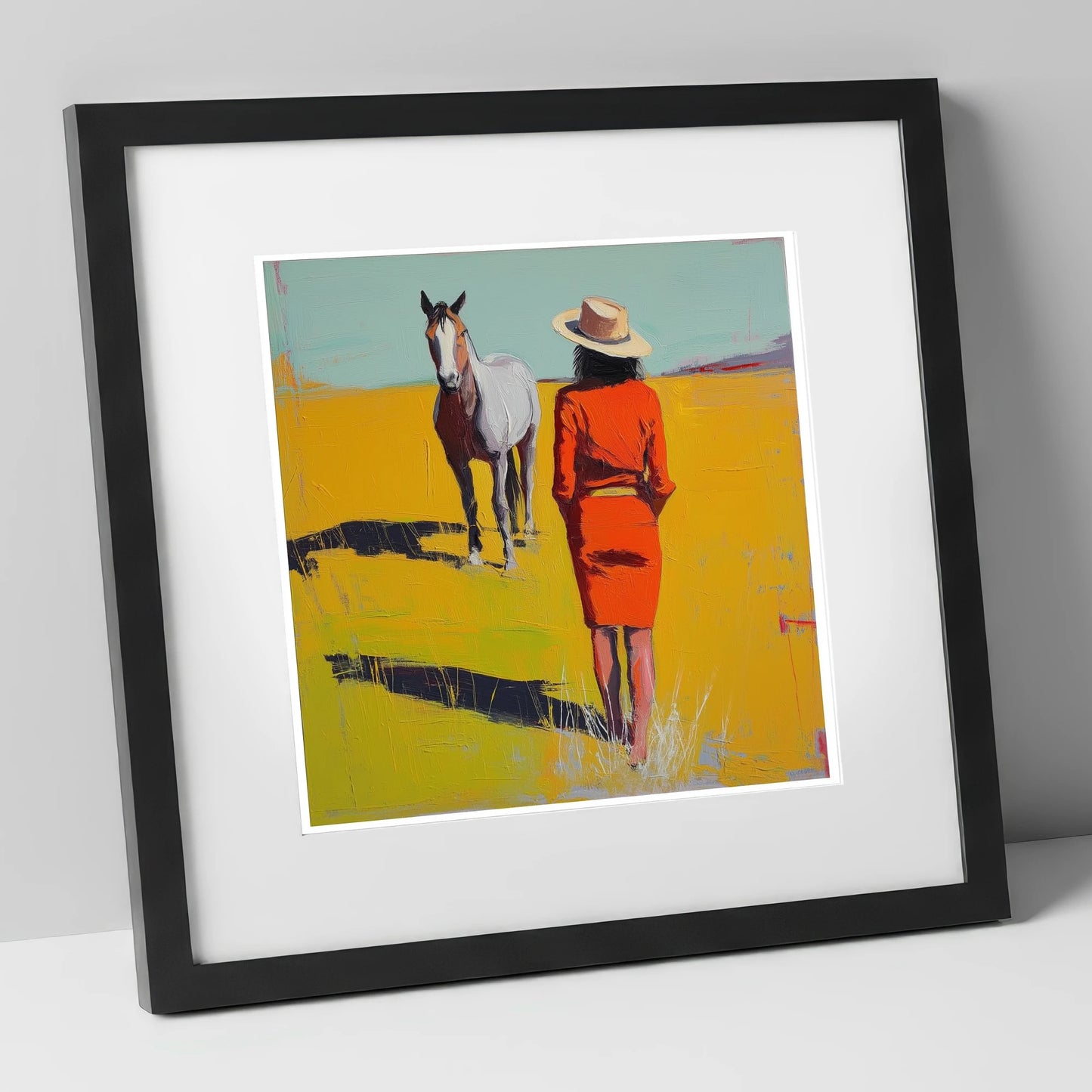 Sunlit Connection horse & rider art print in black frame