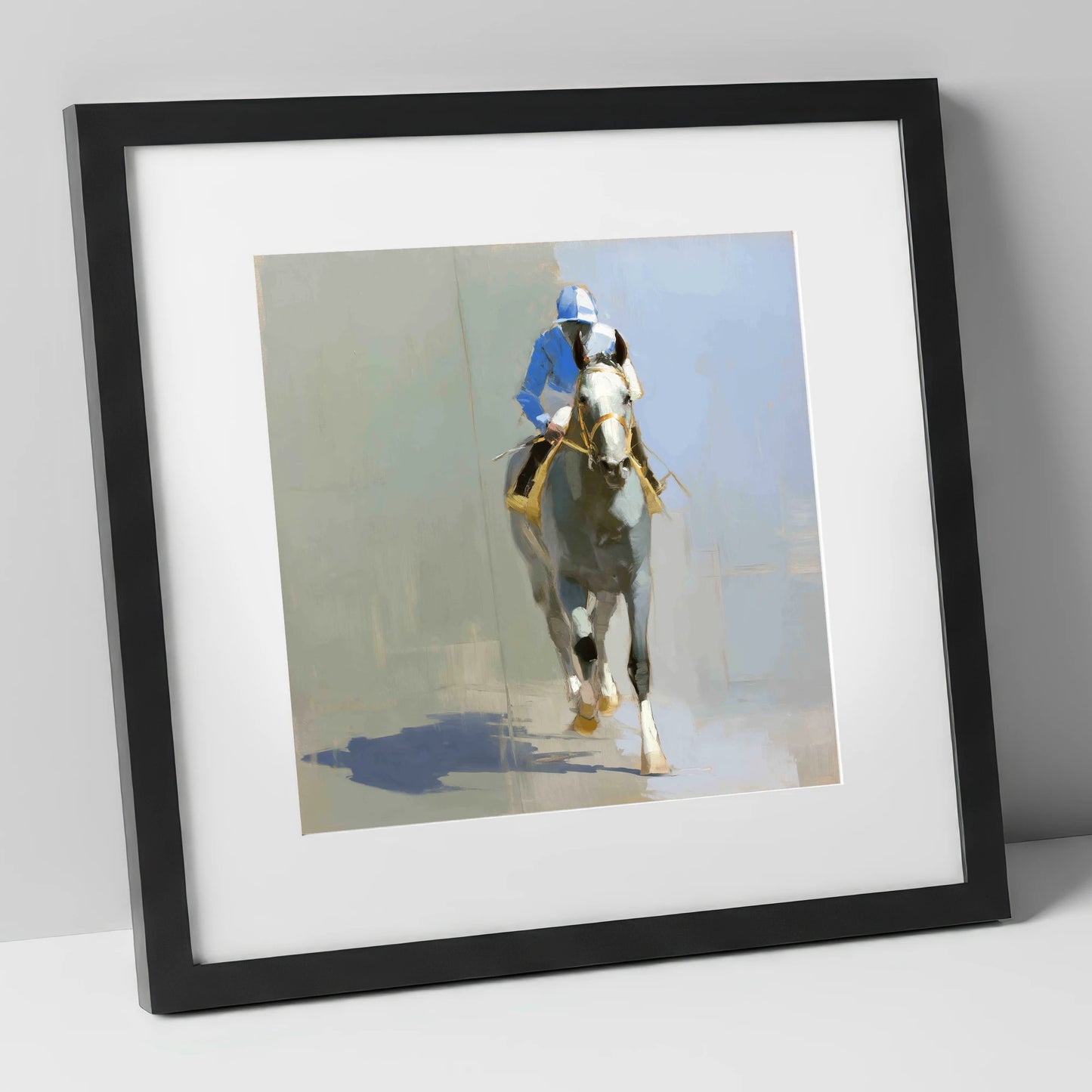 The Grey Challenger racing horse art print in black frame