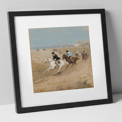 Galloping on the Sands racing horse art print in black frame