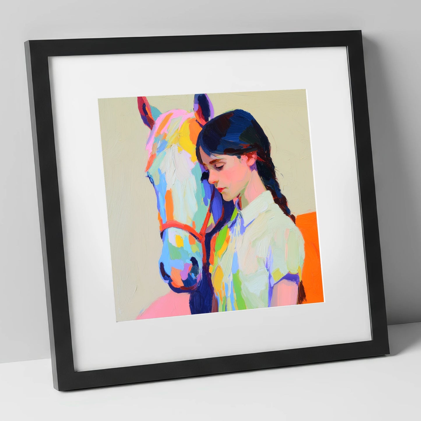 Vibrant Bond horse & rider art print in black frame