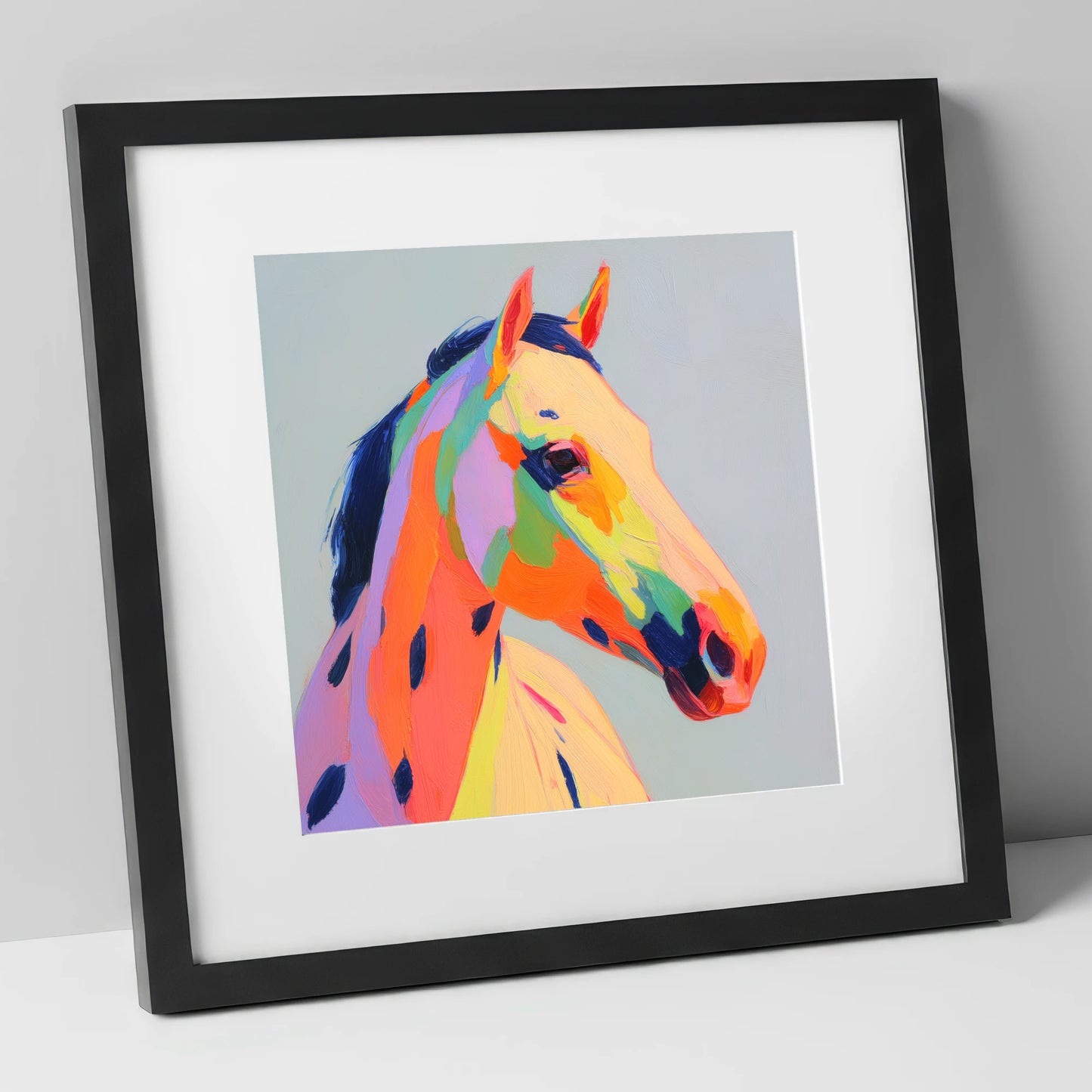 Technicolour Spirit horse breed art print in black frame