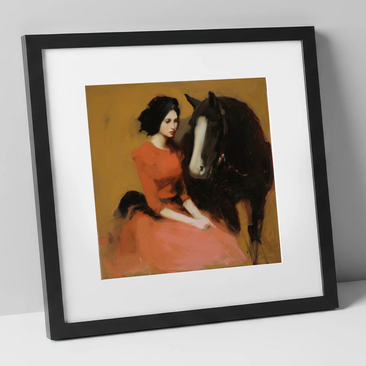 The Silent Bond horse & rider art print in black frame