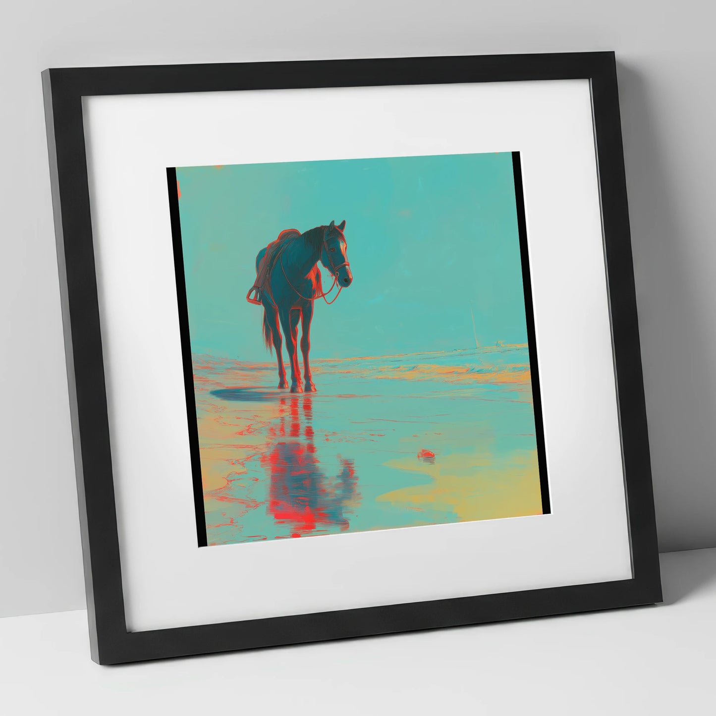 Neon Tide Reflection horse landscape art print in black frame