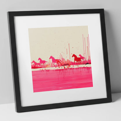 Crimson Gallop wild horses art print in black frame