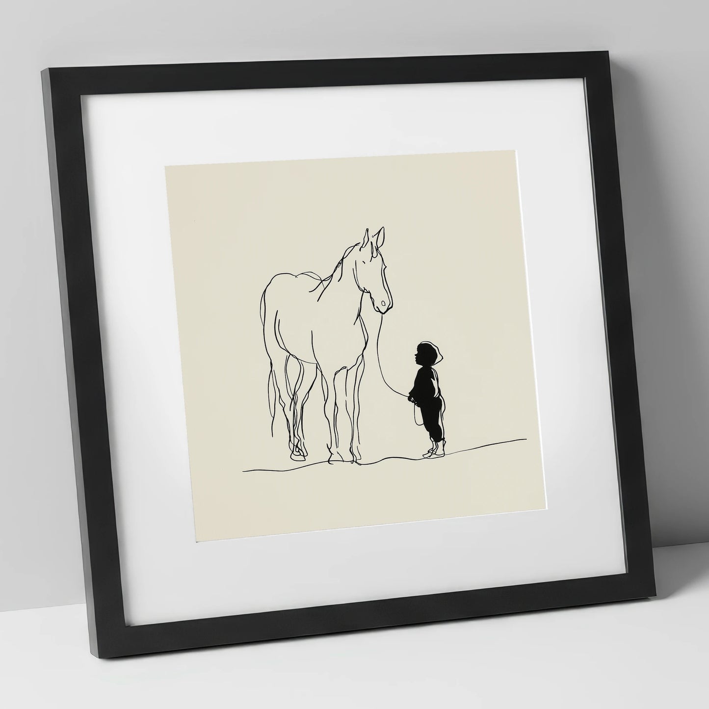First Connection horse & rider art print in black frame