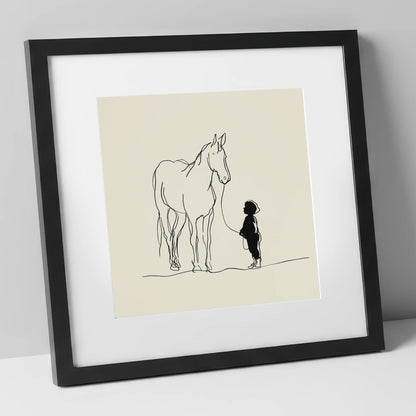 First Connection horse & rider art print in black frame