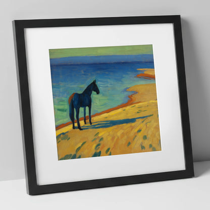 Shoreline Stillness horse landscape art print in black frame
