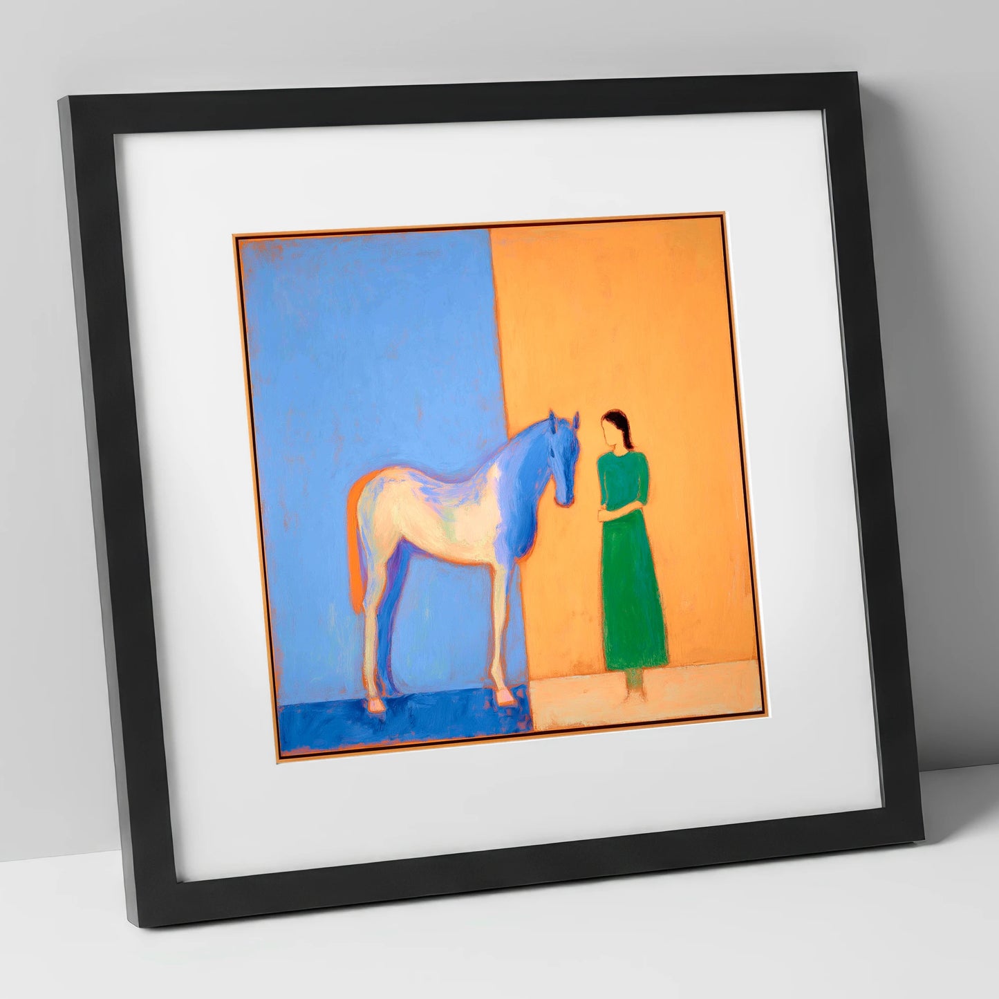 The Silent Bond horse & rider art print in black frame