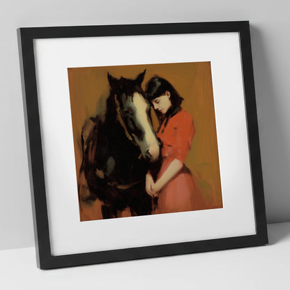The Quiet Connection horse & rider art print in black frame