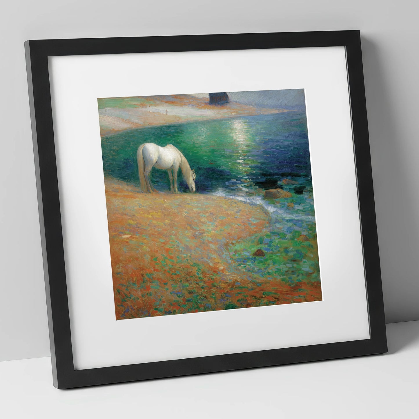Luminous Coastal Shoreline horse landscape art print in black frame