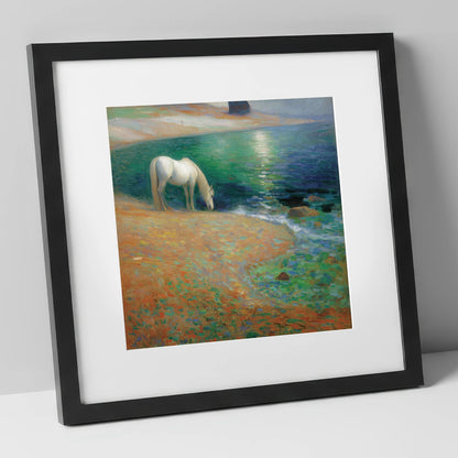 Luminous Coastal Shoreline horse landscape art print in black frame