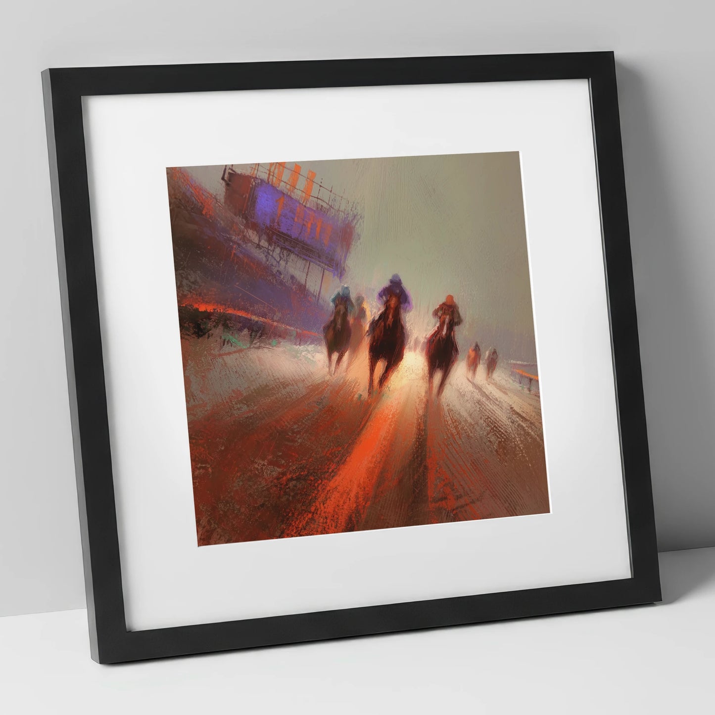 The Final Furlong racing horse art print in black frame