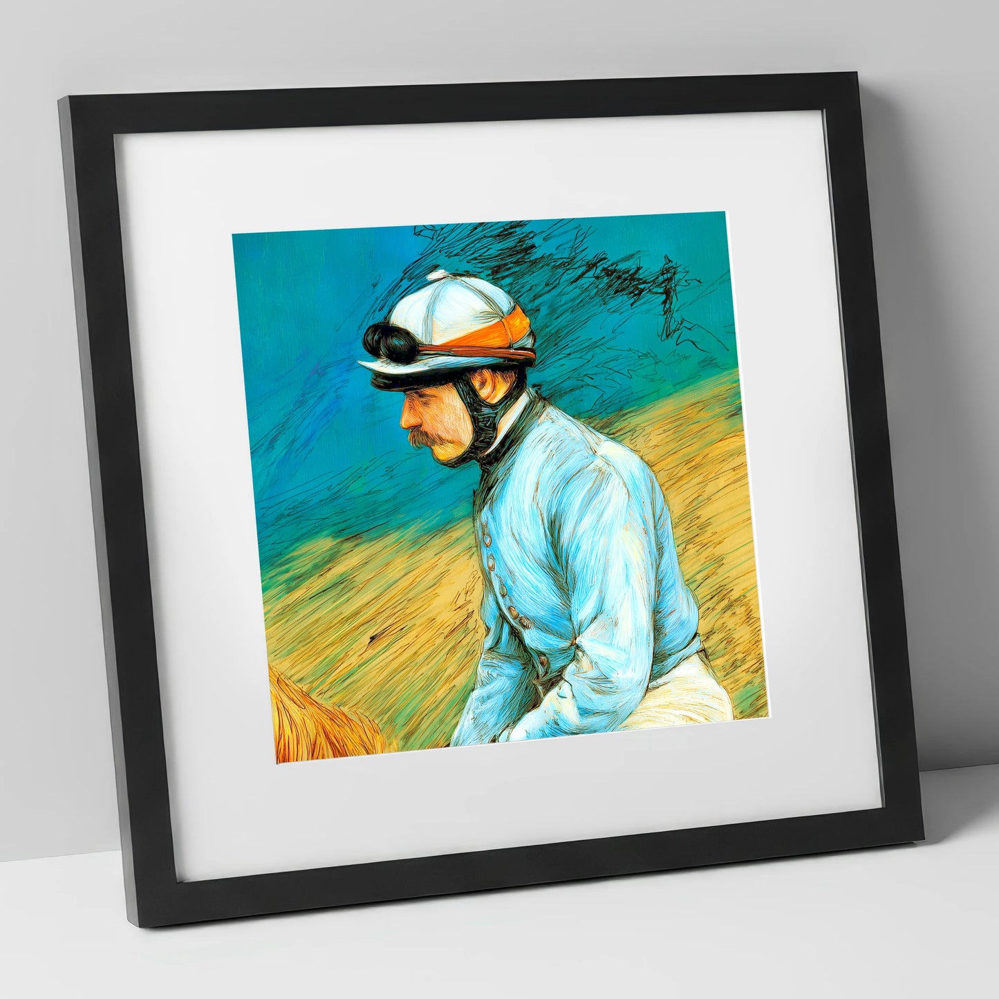 The Cerulean Silks racing horse art print in black frame