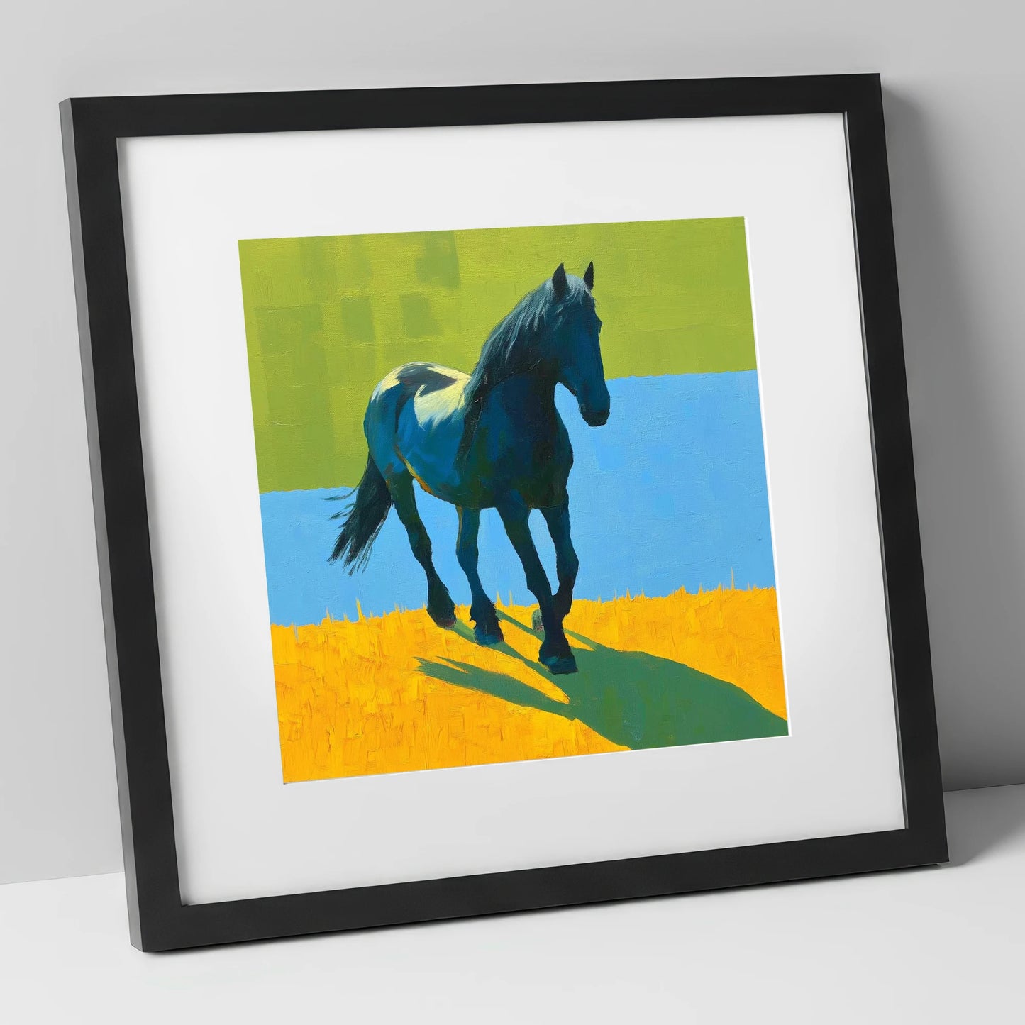 Indigo Cob in Summer Light horse breed art print in black frame