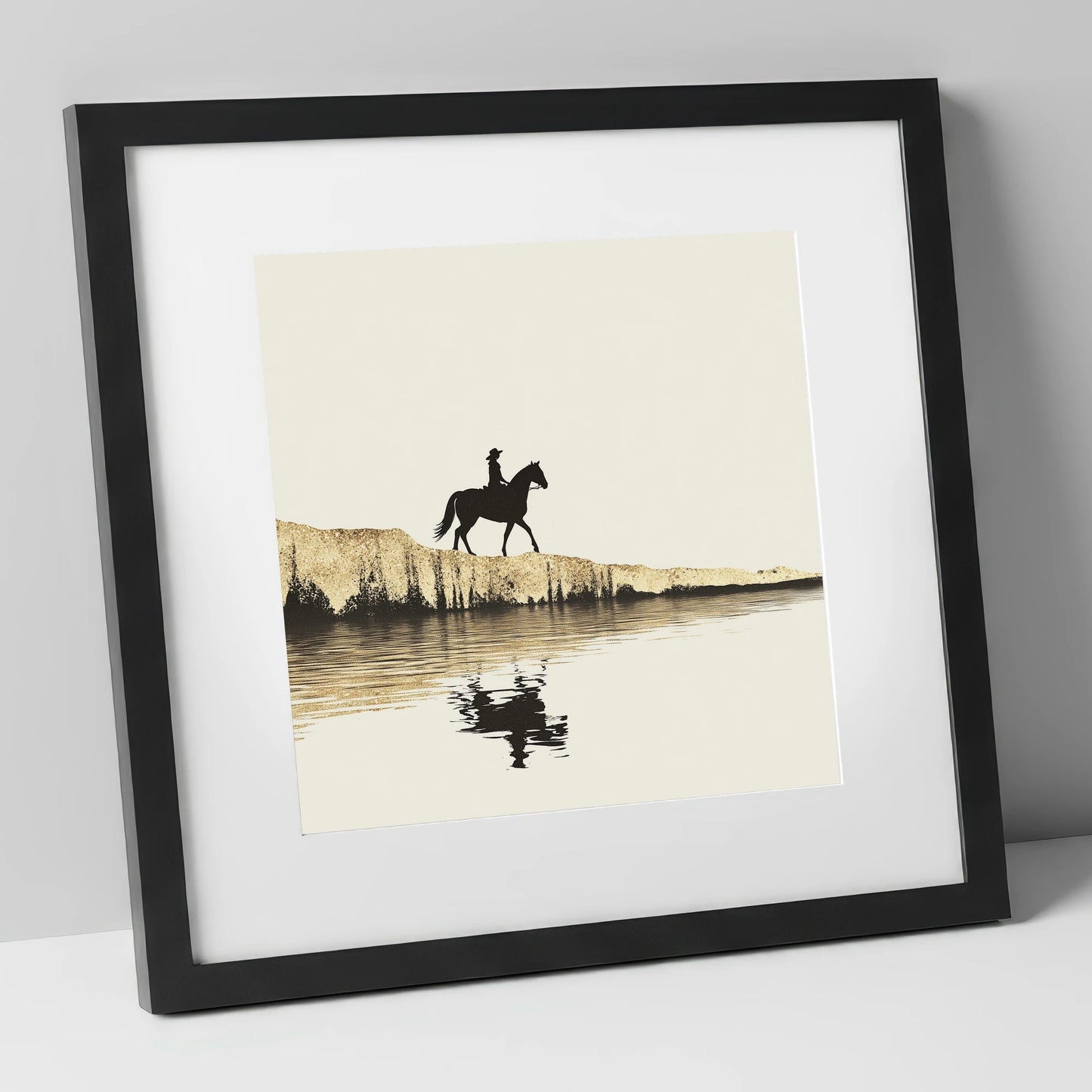 Golden Shores Silhouette beach horse art print in black frame