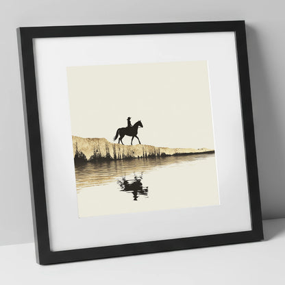 Golden Shores Silhouette beach horse art print in black frame