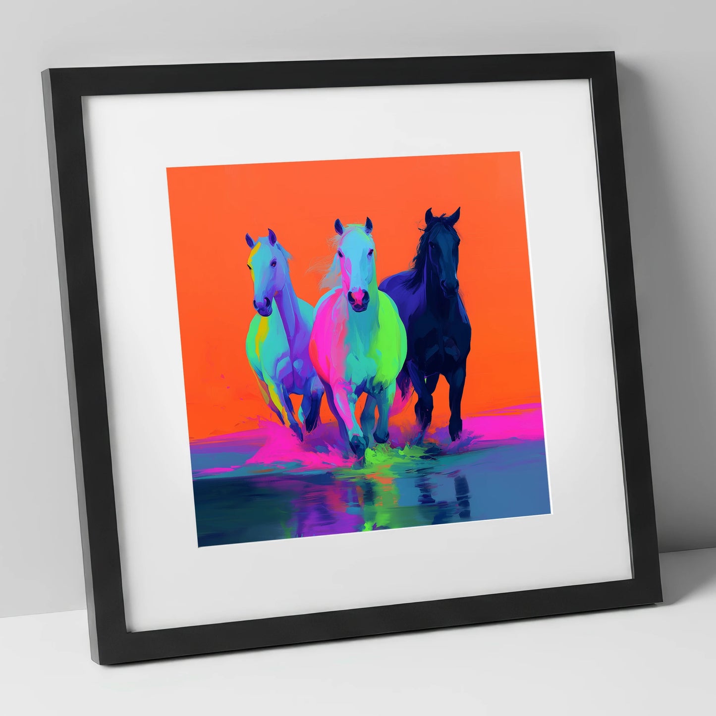 Technicolour Canter wild horses art print in black frame