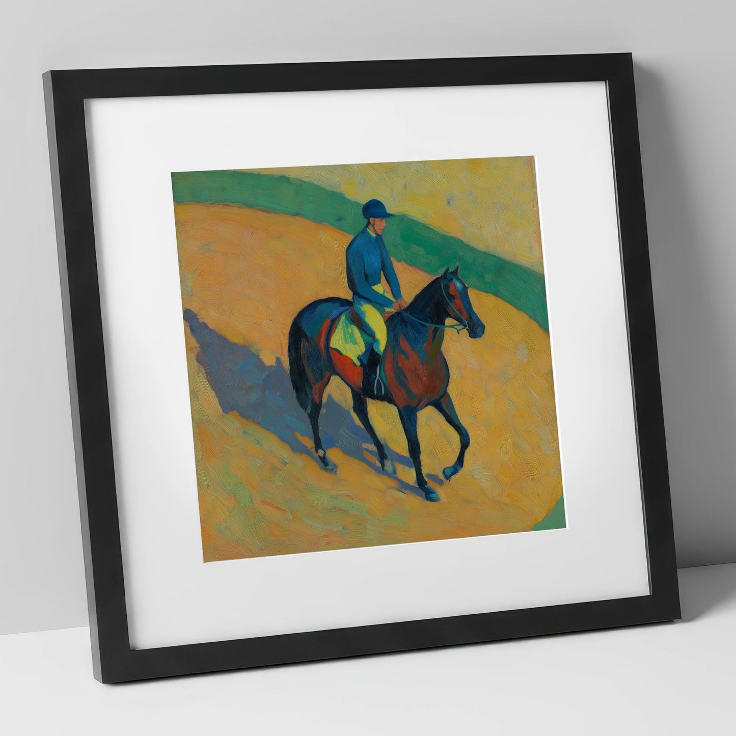 Shadows on the Golden Track racing horse art print in black frame