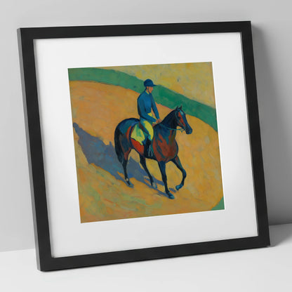 Shadows on the Golden Track racing horse art print in black frame