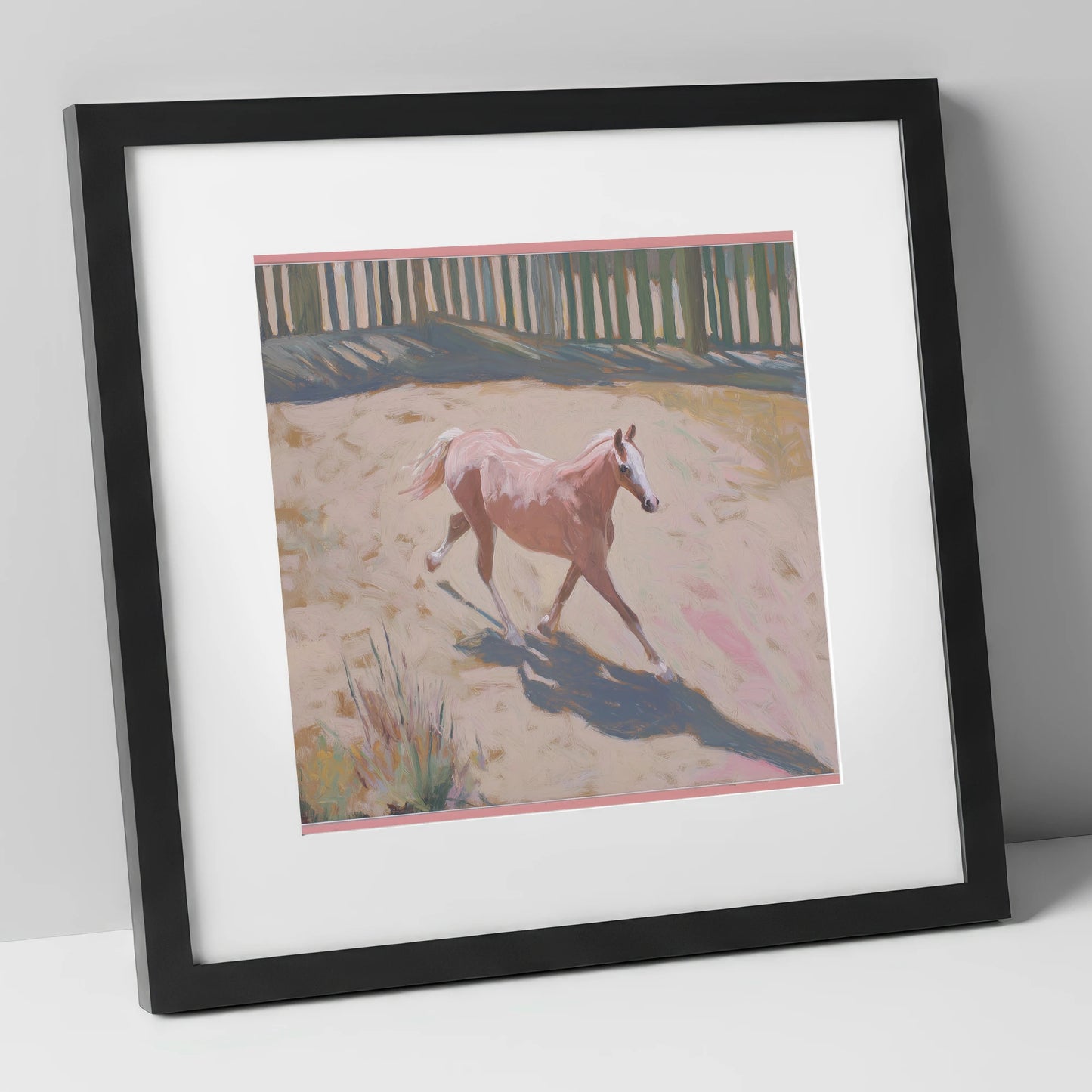 Sunlit Arena Stride horse breed art print in black frame