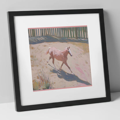 Sunlit Arena Stride horse breed art print in black frame