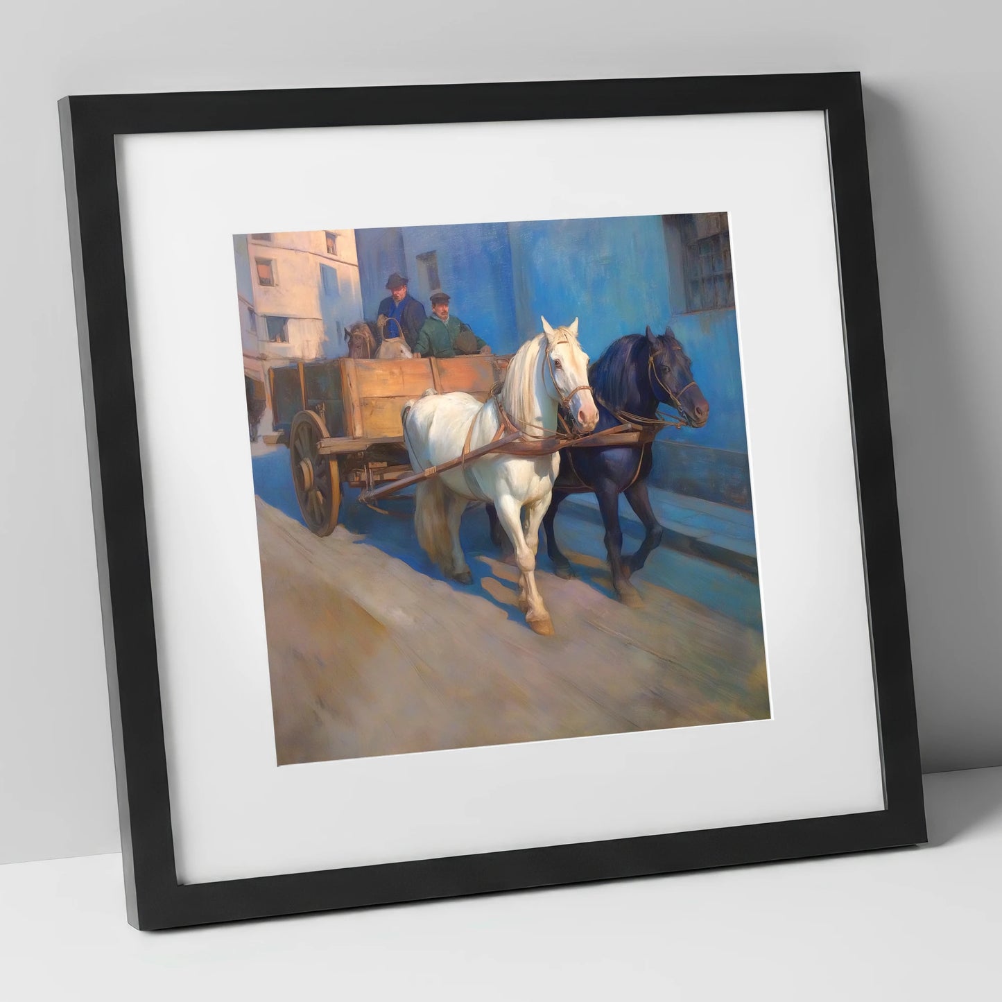 Sunlit Draught Pair working horse art print in black frame
