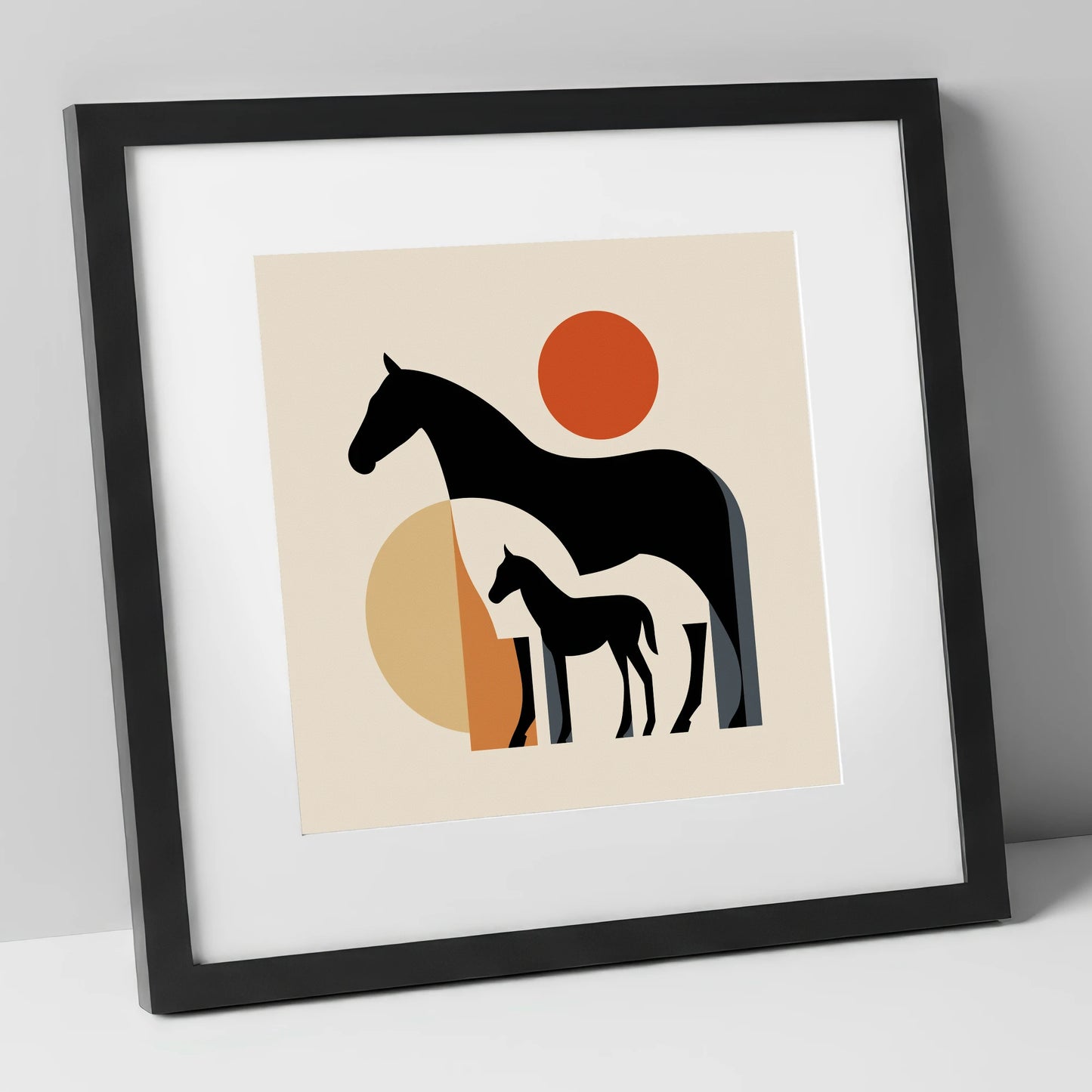 Mid-Century Mare and Foal mare & foal art print in black frame