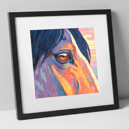 The Vivid Gaze horse portrait art print in black frame