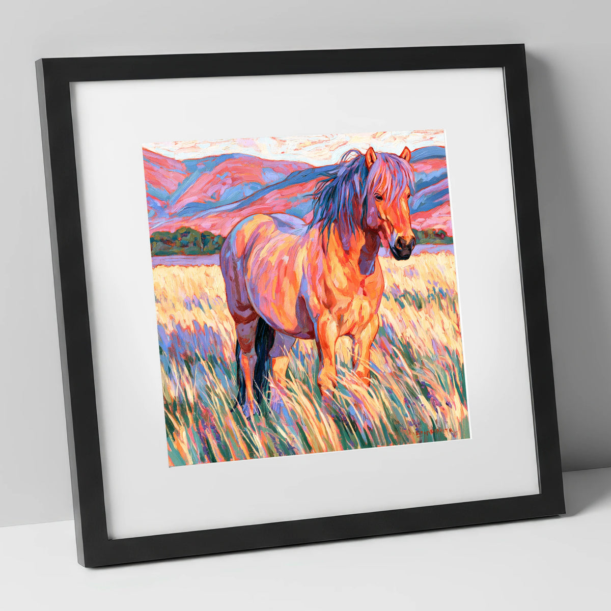 Colourful Horse in Golden Grass horse breed art print in black frame