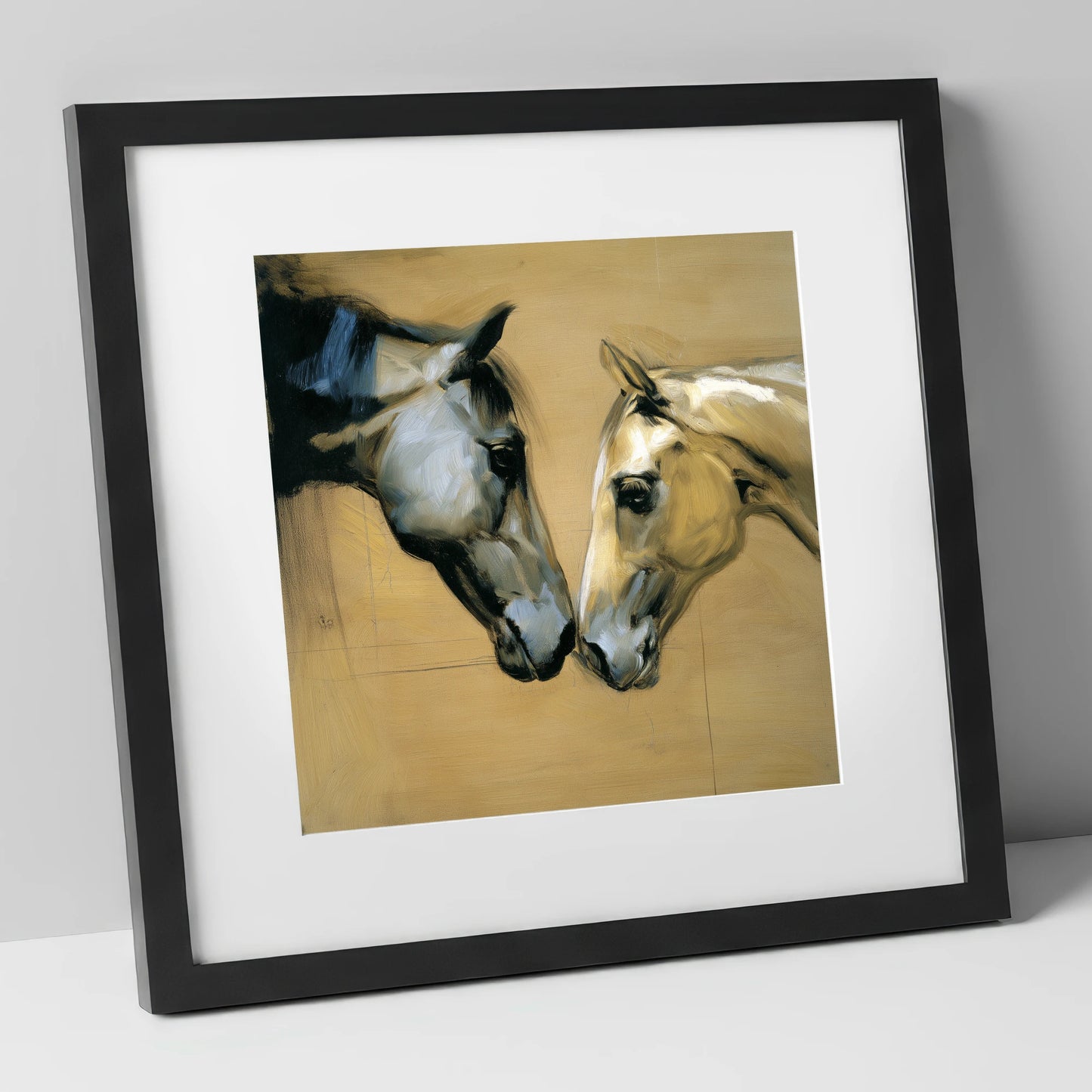 A Gentle Meeting horse portrait art print in black frame